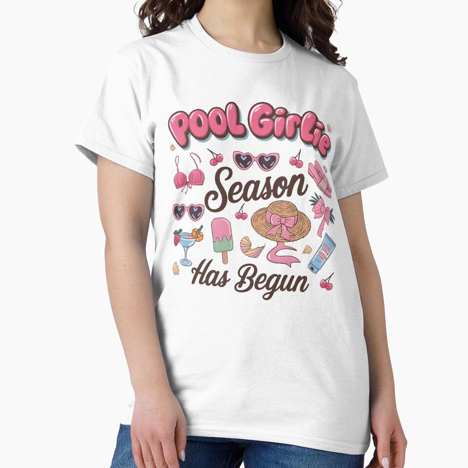 Pool Girlie Season Has Begun | Cute Pink Coquette Summer Sublimation Design | Tropical Beach Vibes & Ocean Aesthetic by petpuppymania
