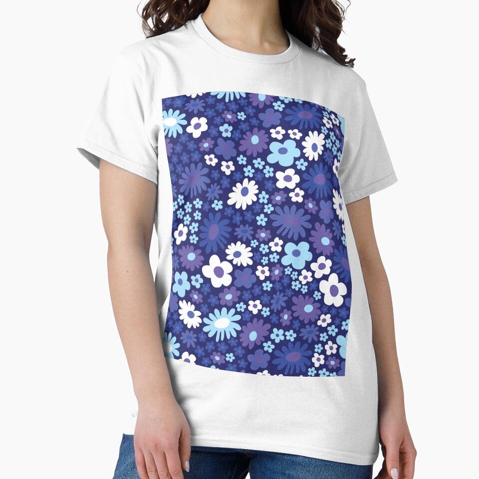 Blue 60s retro flower power, pastel blue, baby blue, dark blue, purple, 60s groovy pattern, hippie flowers by blomastudios