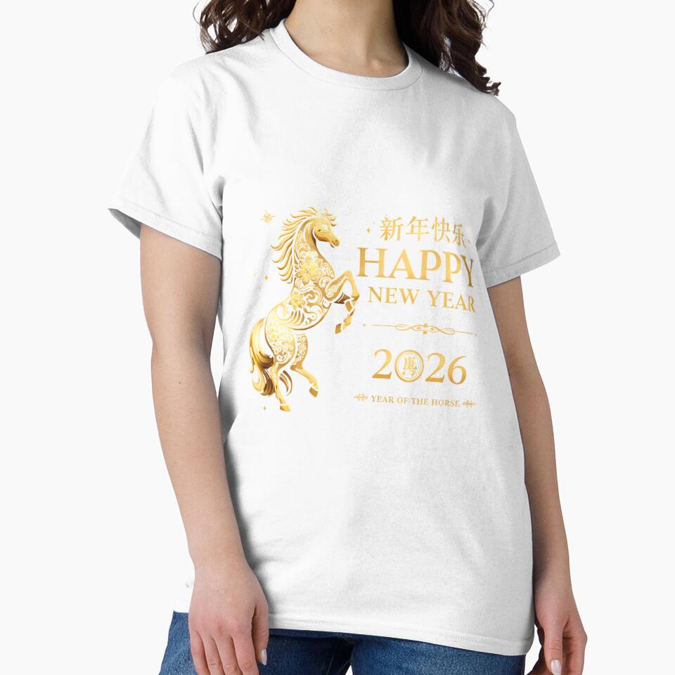 Happy New Year 2026 Year of the Horse, Chinese Lunar New Year Zodiac Gift, Golden Horse Asian Celebration Graphic Tee by saloui