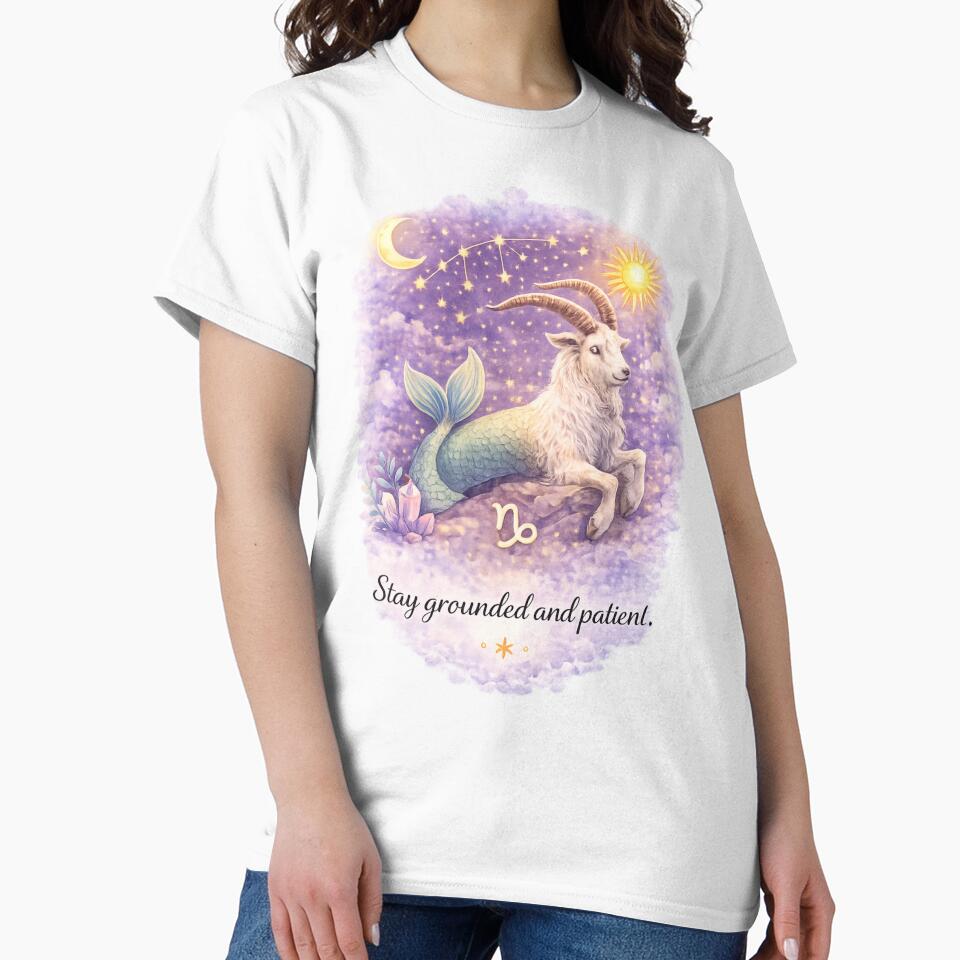 Capricorn Zodiac Watercolor Art – Celestial Astrology Illustration, Stay Grounded and Patient Quote, Capricorn Zodiac Sign Gift by ChemiroL