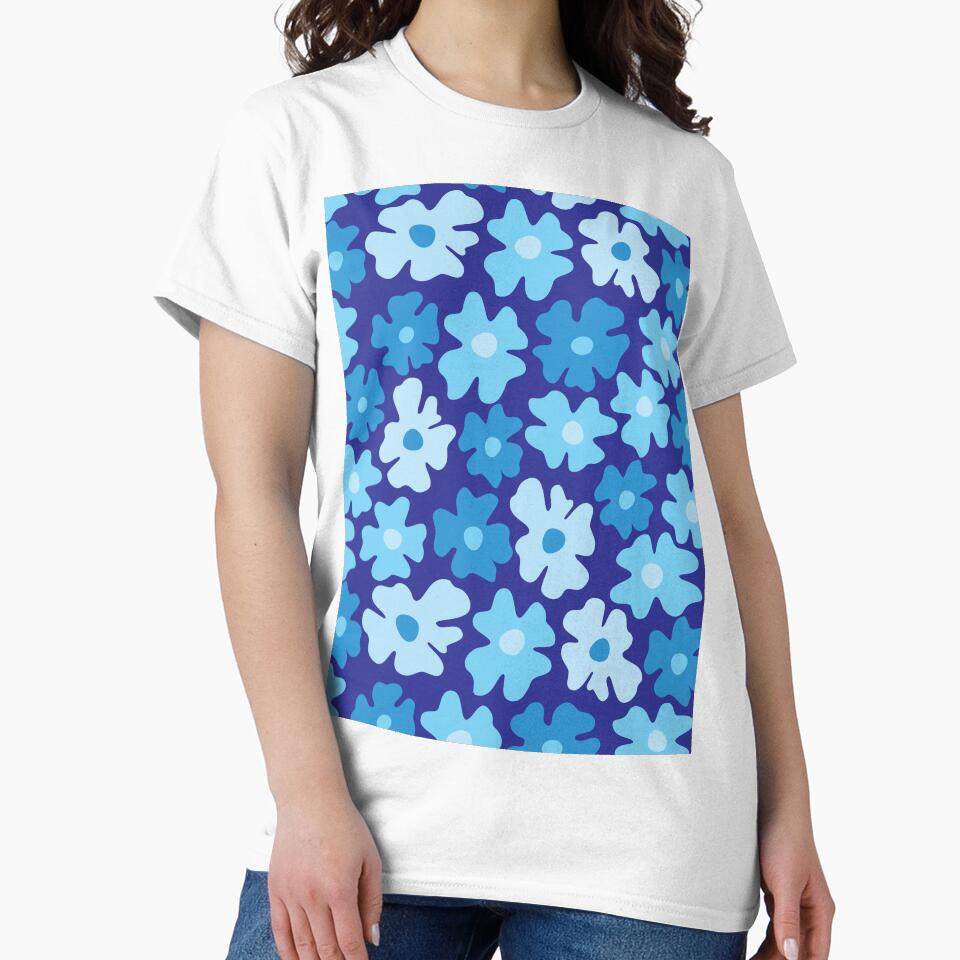 Blue 60s retro flower power, pastel blue, blue, cobalt blue, 60s groovy pattern, hippie flowers by blomastudios