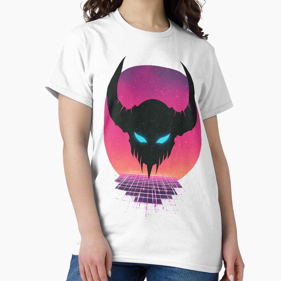 Synthwave Devil Emblem – Neon demon skull in front of a retro sun by Meiersbeste