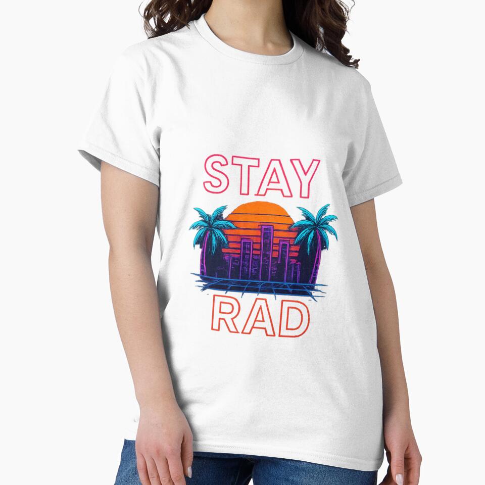 Stay Rad Neon Sunset – Retro Wave Palm Tree Cityscape by RKNTdesigns