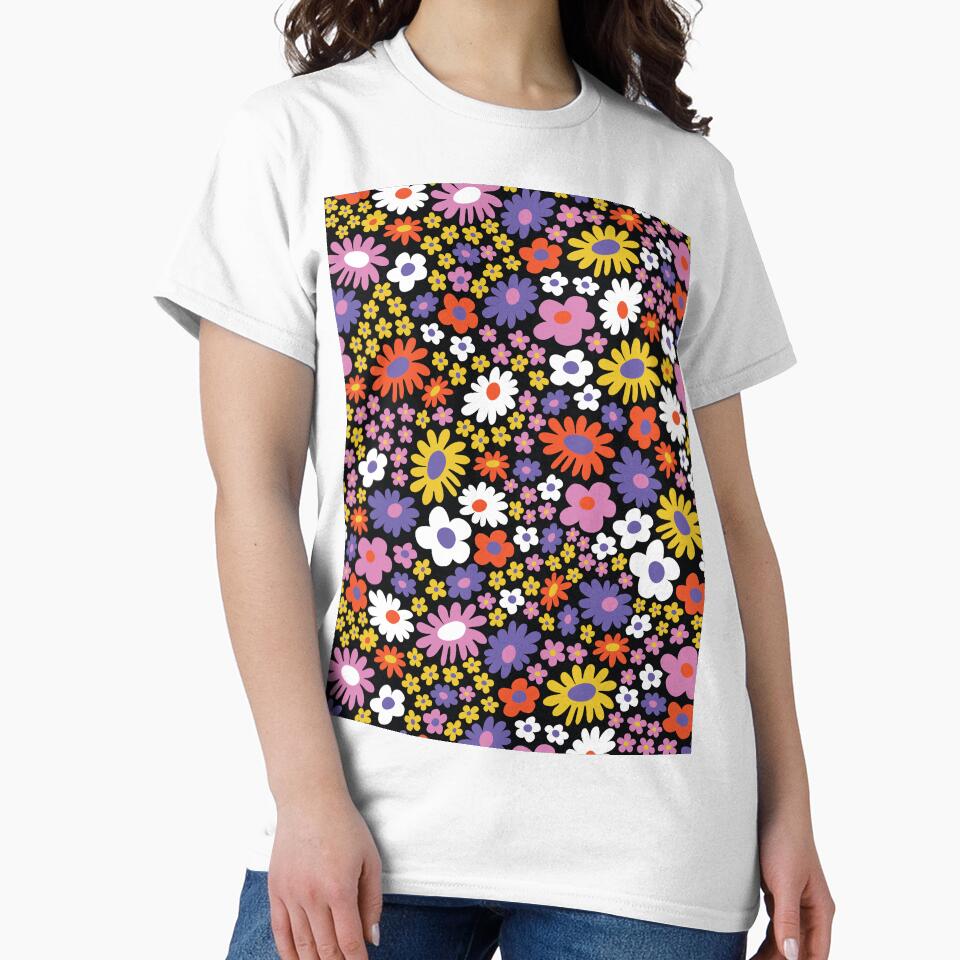 Black 60s retro flower power, purple, pink, orange, 60s groovy pattern, hippie flowers by blomastudios