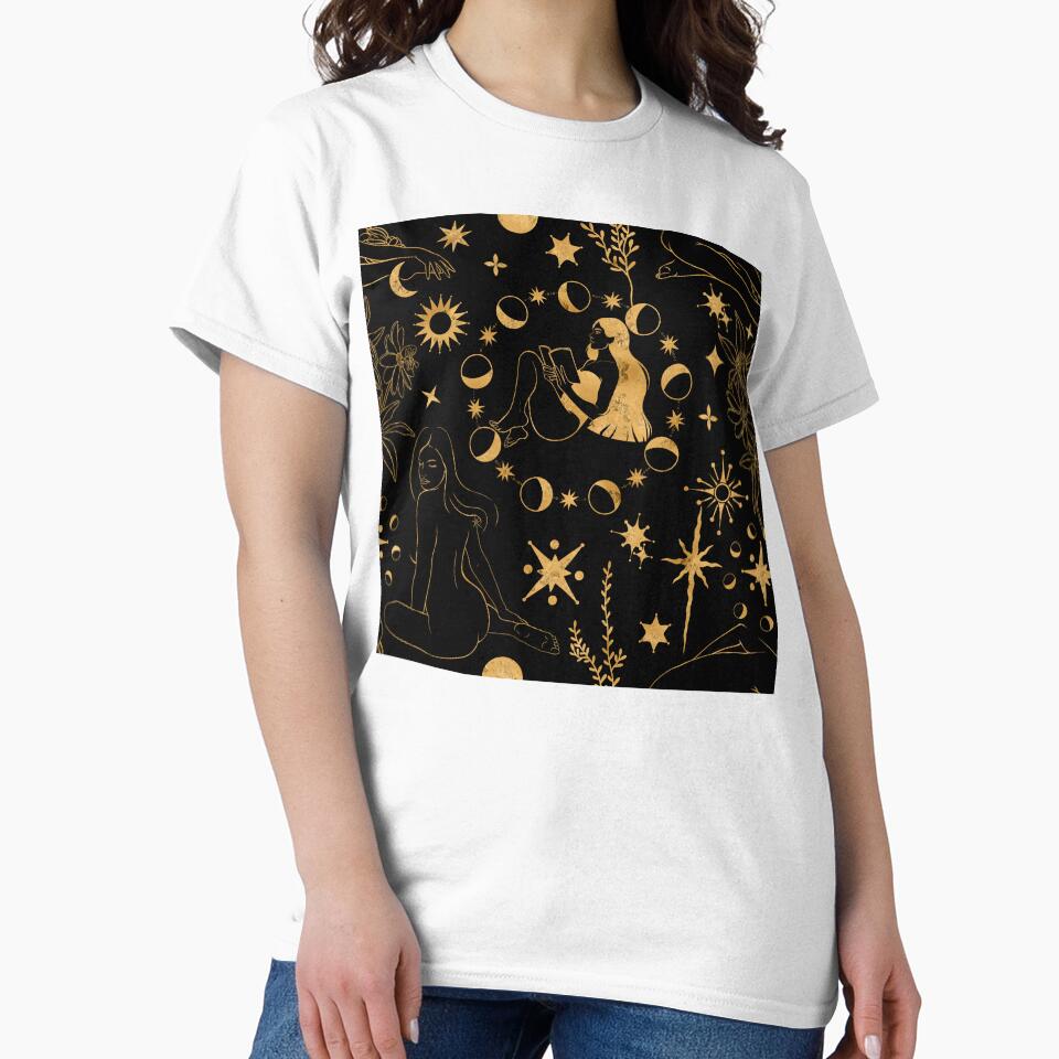 Magical pattern centering a reading girl surrounded by a full cycle of moon phases, shining suns, and mystical flowers. Celebrates solitude, magic of knowledge, and starry skies. by Grin Katalina Floral Patterns & Cozy Art