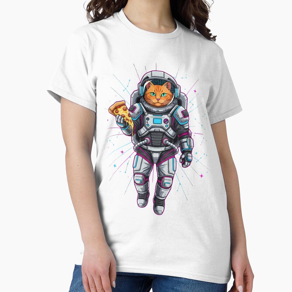 Cool Floating Astronaut Cat & Pizza – Retro Synthwave Space by LIGHT-CANVAS