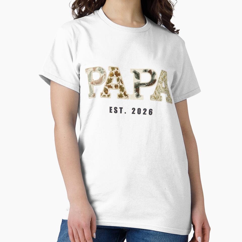 Papa Est 2026 Shirt Design New Papa First Time Father Botanical Patchwork Gift by Panom Suavichien