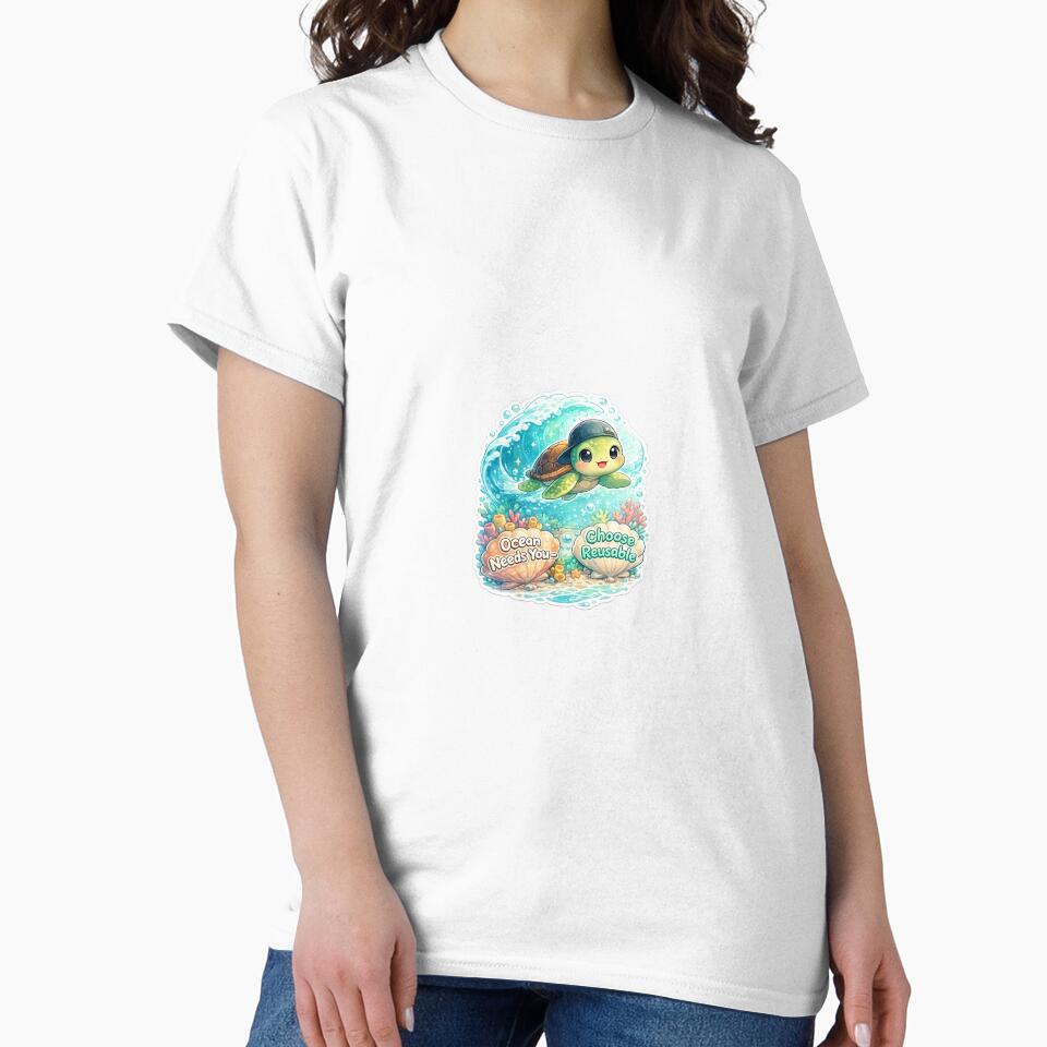Chibi Turtle Ocean Sticker – “Ocean Needs You, Choose Reusable” by SparkVault