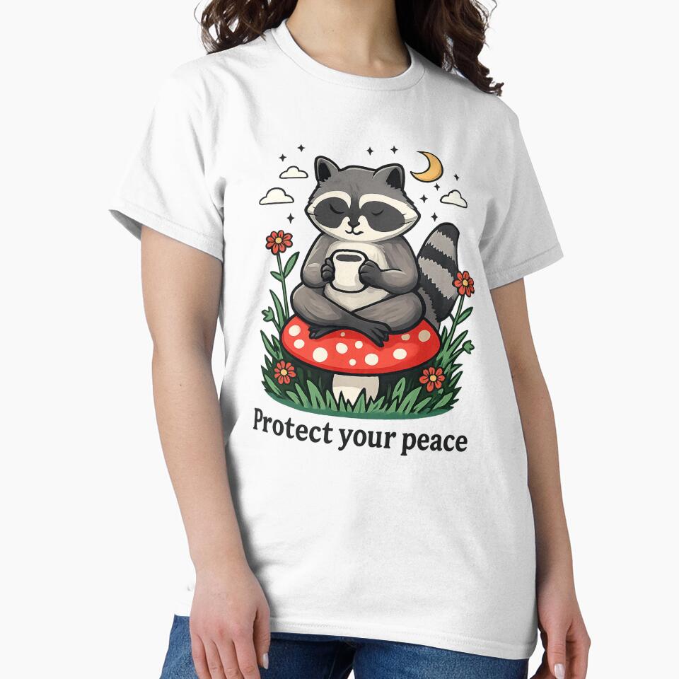 Raccoon drinking coffee with the phrase “Protect Your Peace” by LuloCreative