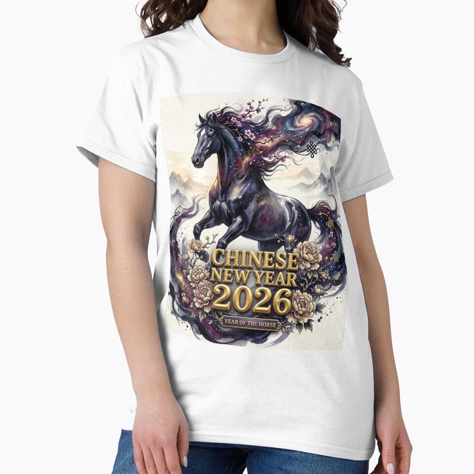 Chinese New Year 2026 - Year of the Horse Art Print - Cosmic Horse with Blossoms and Mountains by JaaCreativeShop