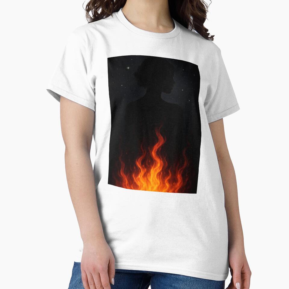 Fiery Soul Silhouette T-Shirt | Abstract Flame Goddess Art | Cosmic Night Aesthetic Shirt | Mystic Feminine Energy Design by KDesignCrafts