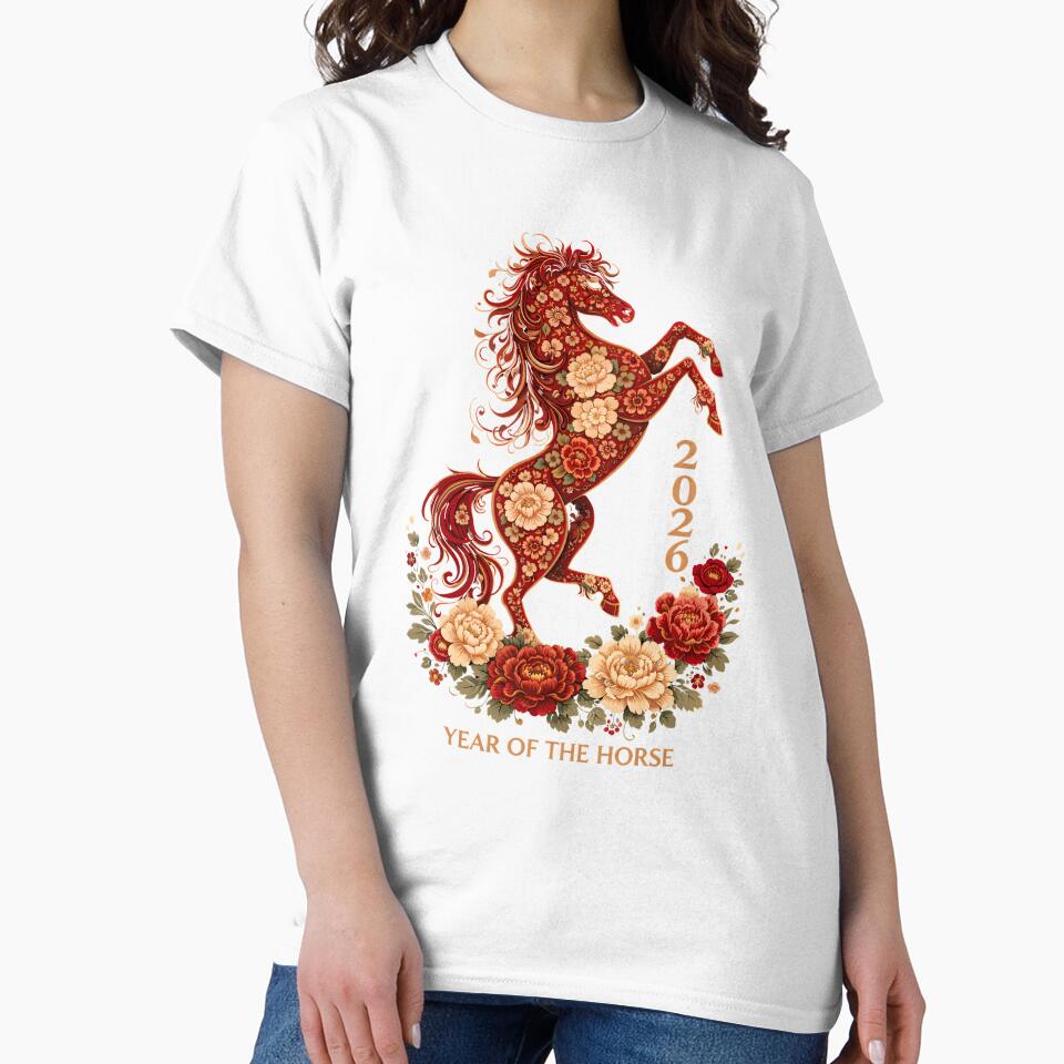 Year of the Horse 2026, Chinese New Year Zodiac Gift, Floral Horse Graphic Tee by saloui