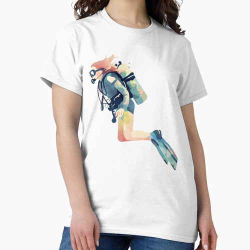 A little diver girl with scuba gear, swimming, full body, flat watercolor style, pastel tones, clean and minimalist design by wonderisland