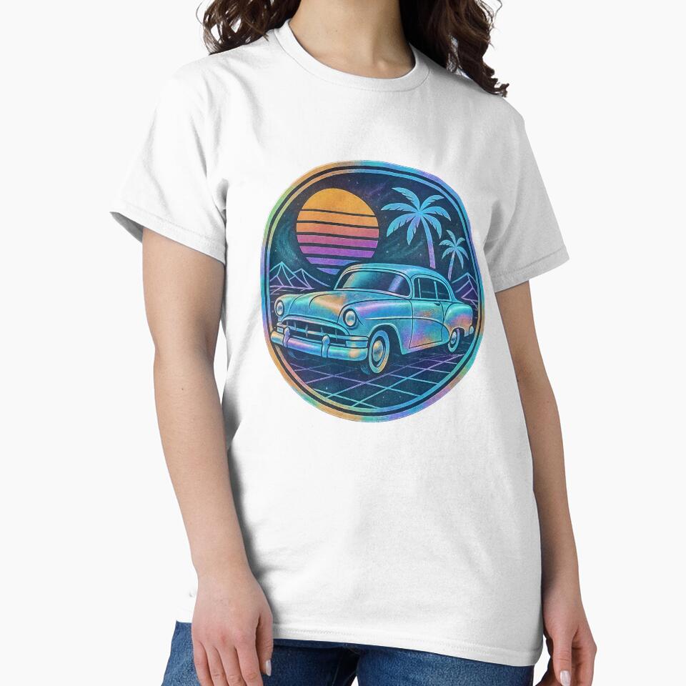 Retro 1950s sedan on neon grid under tropical sunset and palms by Creative88Art