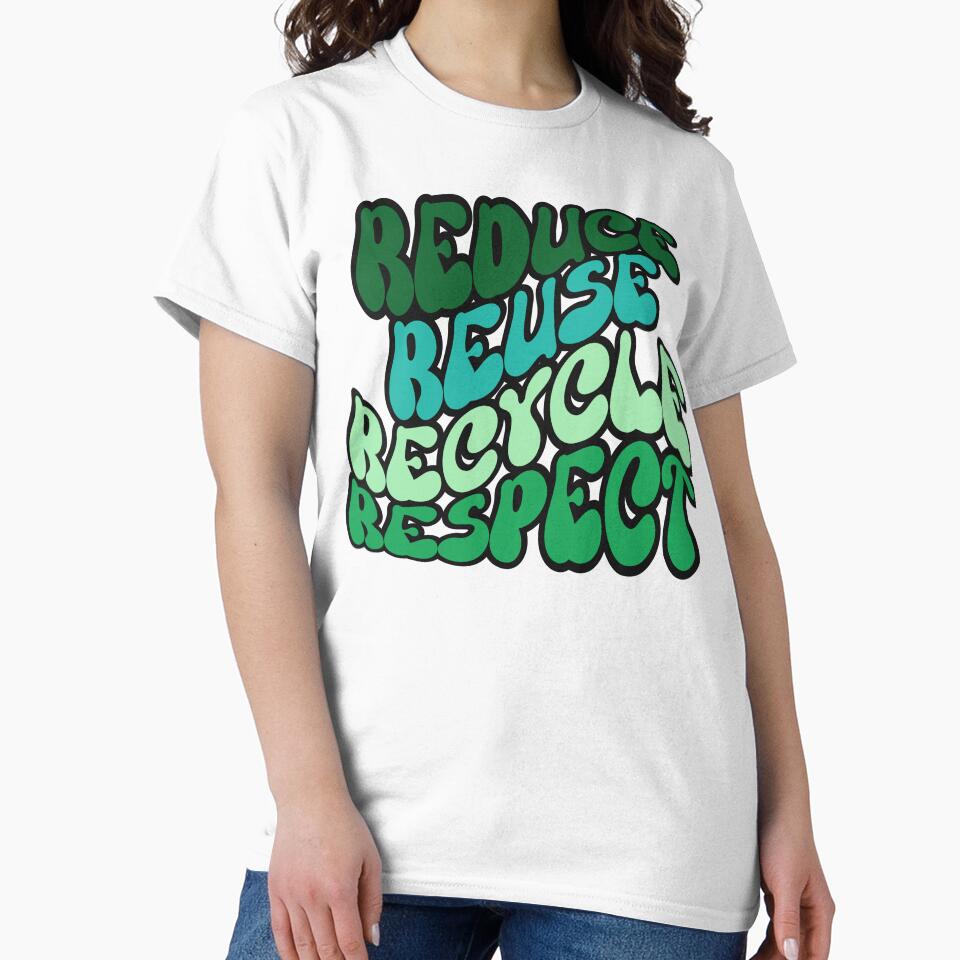 REDUCE REUSE RECYCLE RESPECT Earth Day save the planet retro wavy text design by Jt41