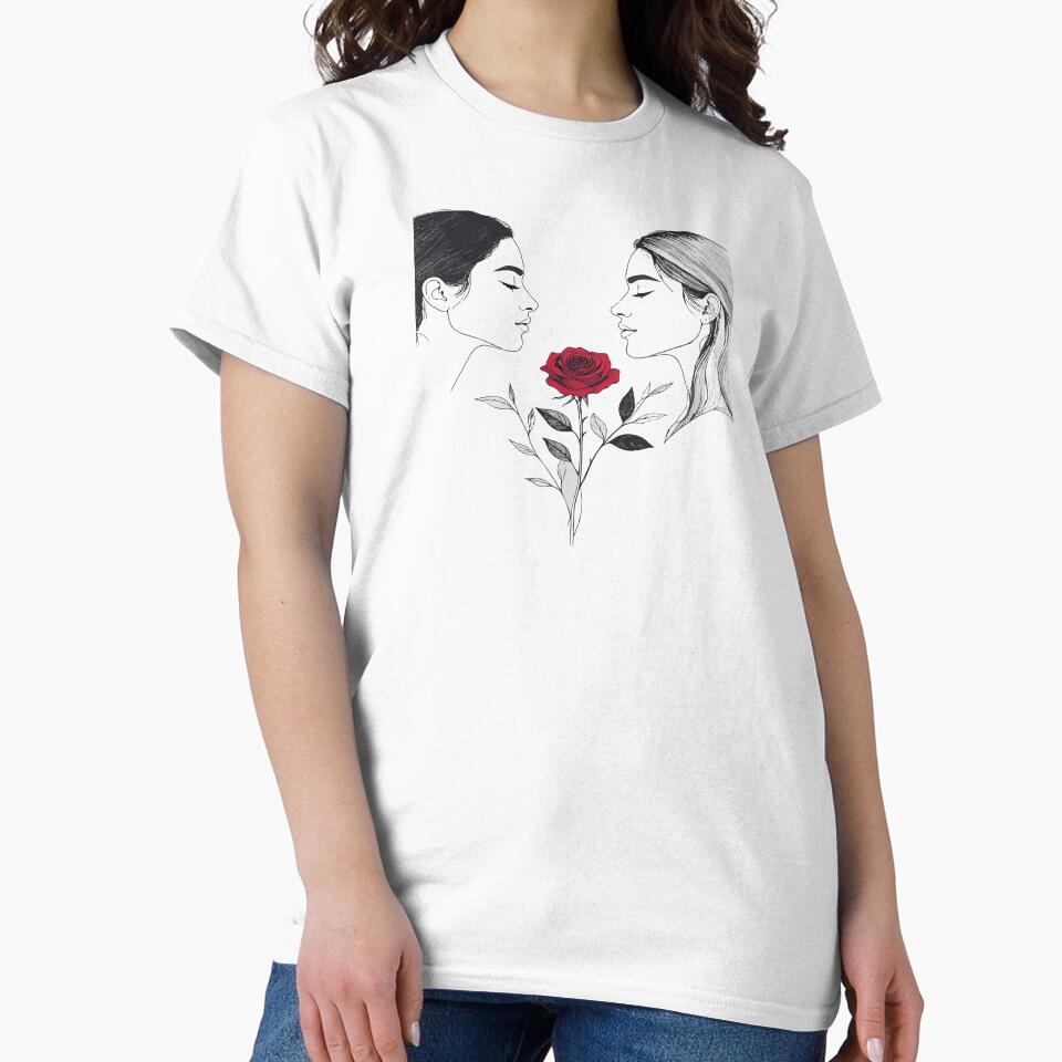 Gothic Twin Women with Red Rose Print - Dark Aesthetic Mystic Feminine Illustration Black Background Wall Art by BestChoiceService