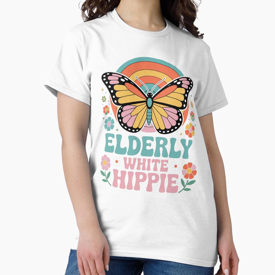 Elderly White Hippie Butterfly Retro Vintage Flower Power Design by PosiMCreations