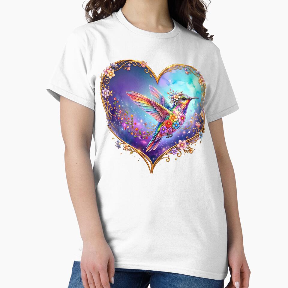 Colorful Hummingbird Heart T-Shirt | Watercolor Bird Heart Design by PIKASSO2026