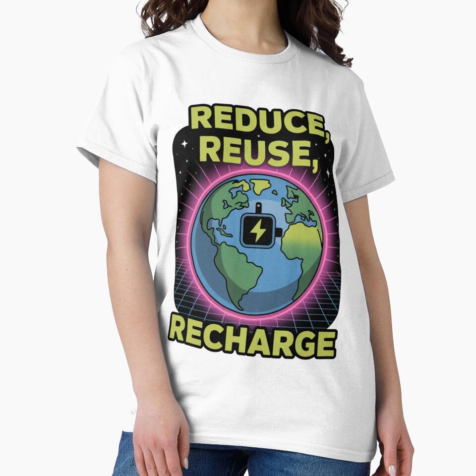 Reduce Reuse Recharge — Retro Synthwave Neon Earth Battery Renewable Energy Environmental Graphic Tee by proearth2022