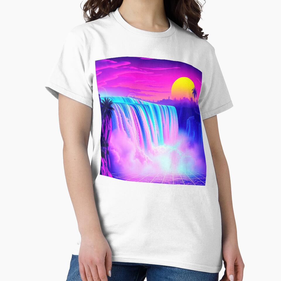 Vaporwave Neon Waterfall Grid Sunset Synthwave Art Print - Retro Cyberpunk Palm Trees Poster by EllDAV777
