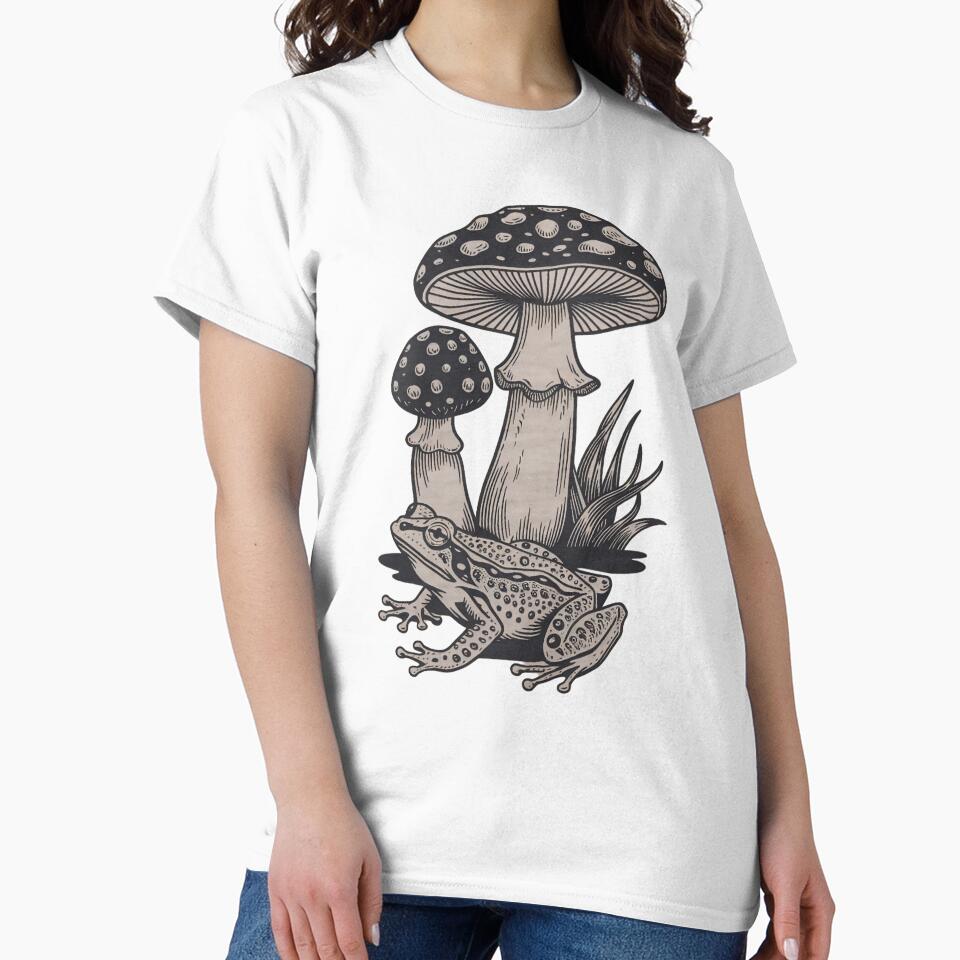 Vintage Toad and Forest Mushrooms T-Shirt Botanical Cottagecore Gift by ZyxDes