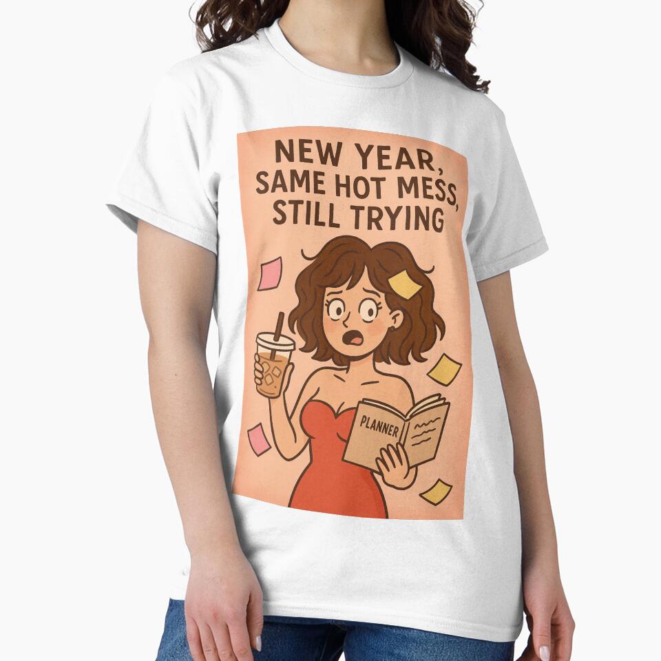 Funny New Year Greeting with Frazzled Woman, Iced Coffee and Planner Chaos by Places On Earth