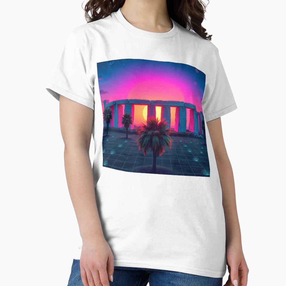 Vaporwave Stonehenge Sunset with Palm Trees - Retro Synthwave Digital Art Print by EllDAV777