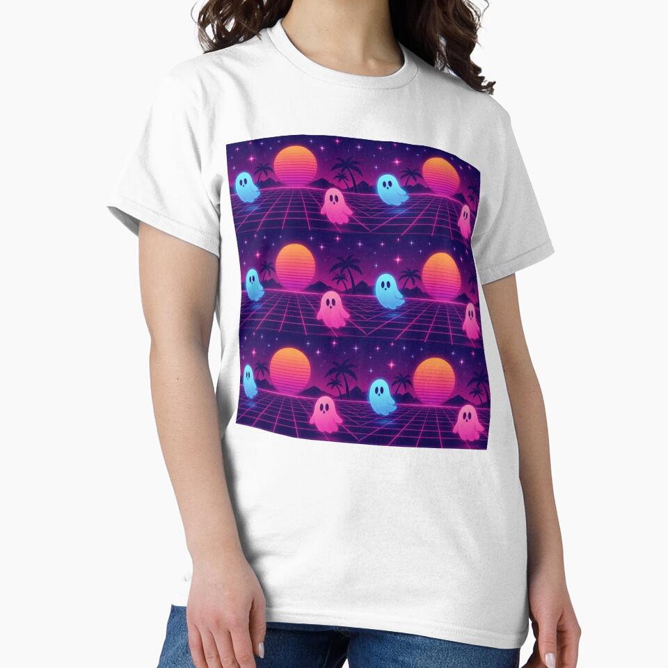 Retro Halloween Ghost Sunset Grid Vaporwave Pattern by StickyGuys