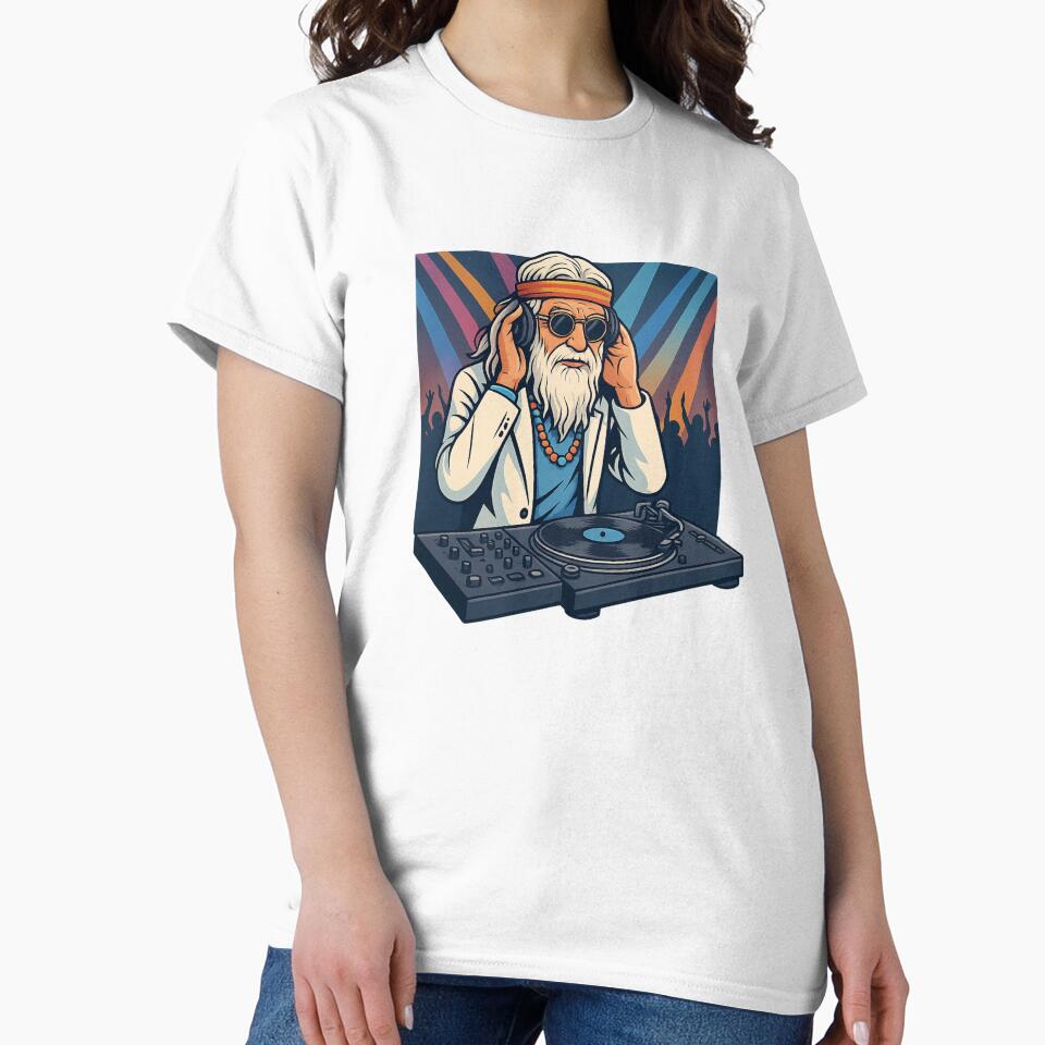 Elderly White Hippie DJ – Retro Vinyl Music Party Design by Lunaria Arts