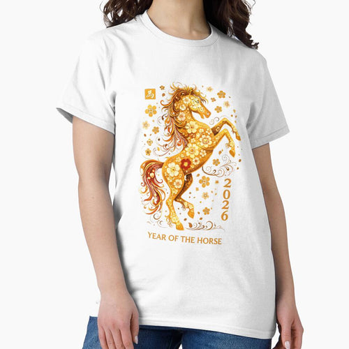 2026 Year of the Horse, Golden Chinese Zodiac Lunar New Year Gift, Floral Horse Asian Art Graphic Tee by saloui