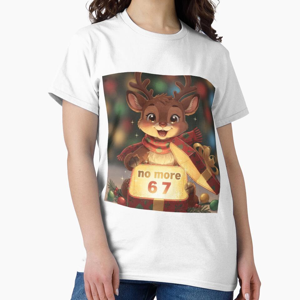 Cute Reindeer Opening Christmas Gift – “No More 6 7” Ai Generated Art by GreaterVibePOD