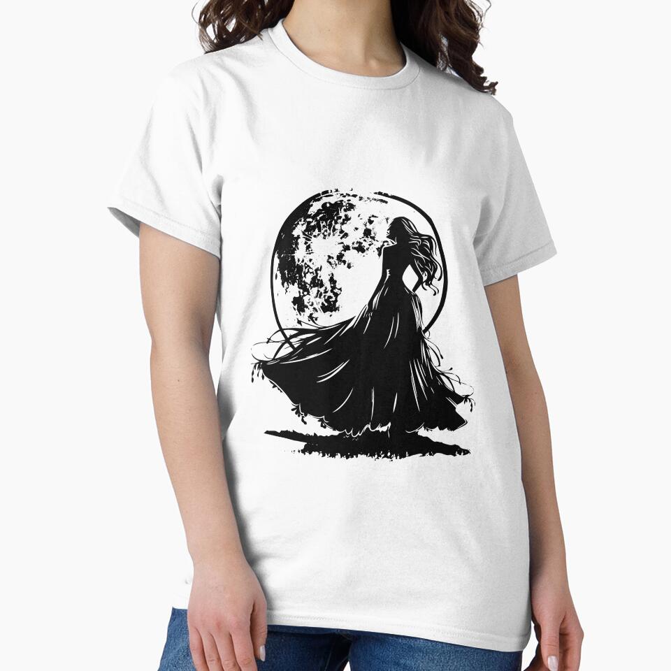 Moonlit Silhouette Woman – Gothic Black and White Fantasy Art by inkoutninja