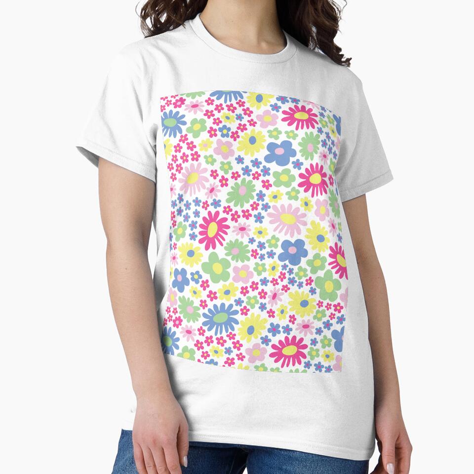 pastel 60s retro flower power, pastel pink, pastel blu, yellow, green, 60s groovy pattern, hippie flowers by blomastudios