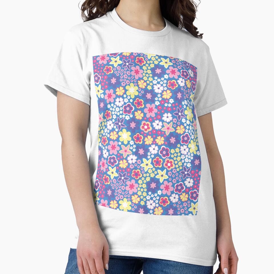 Blue Pastel 60s retro flower power, purple, pink, pastel yellow, 60s groovy pattern, hippie flowers by blomastudios
