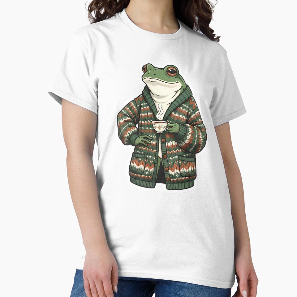 Dapper Frog in Vintage Cardigan Cozy Goblincore Aesthetic Dark Cottagecore Mossy Green by StickyGuys