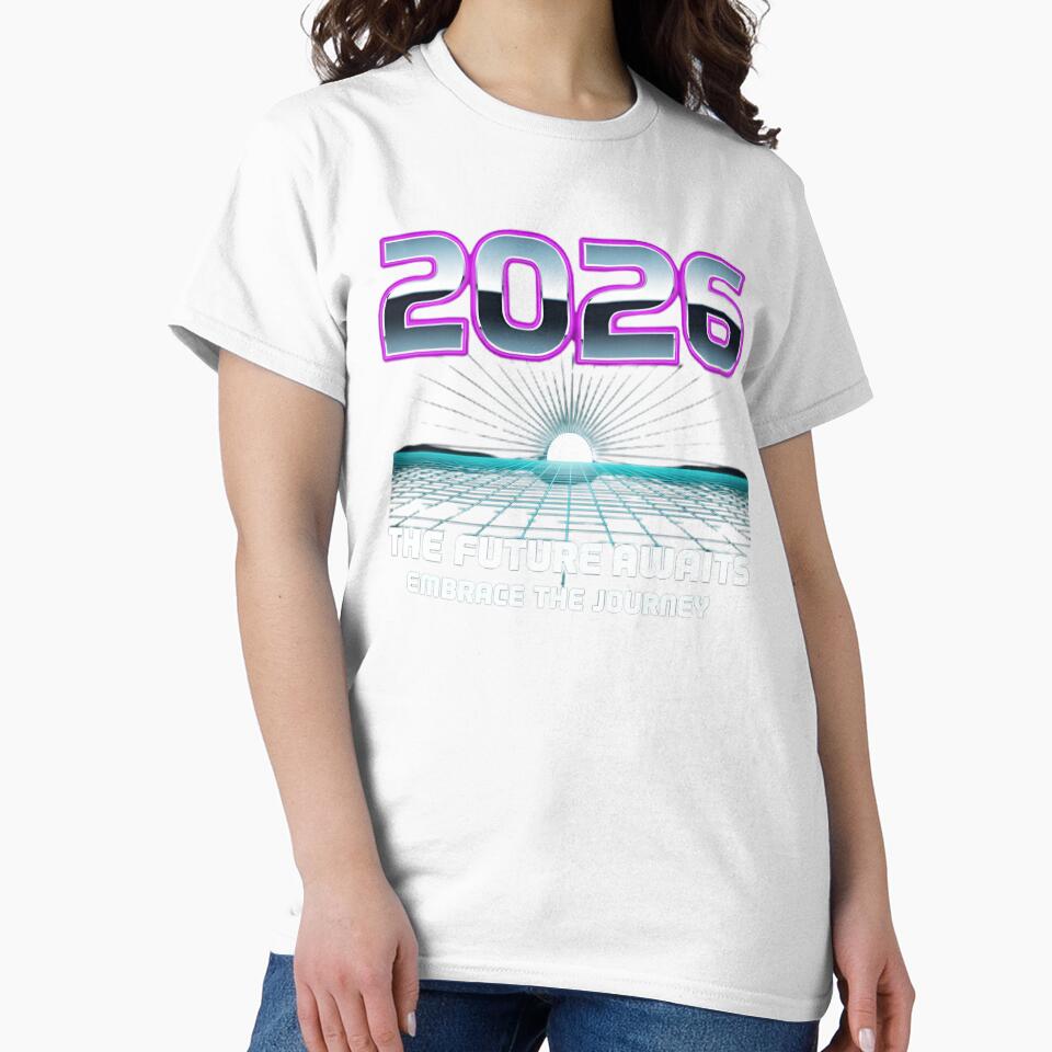 Synthwave 2026 New Year T-Shirt | Retro 80s Futuristic Neon Grid Graphic Tee by Whispering Colors