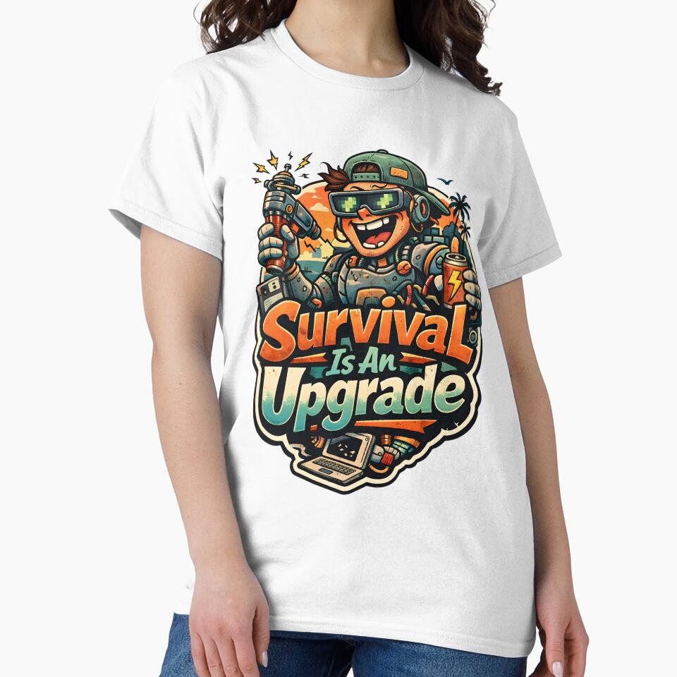 Survival Is An Upgrade Funny Tech Humor Retro Aesthetic - Vintage 90s Cyberpunk Gamer Art - Motivational IT Professional Graphic - Summer Beach Sunset Glitch Core Design for Developers & Geeks by Vivaan Studio