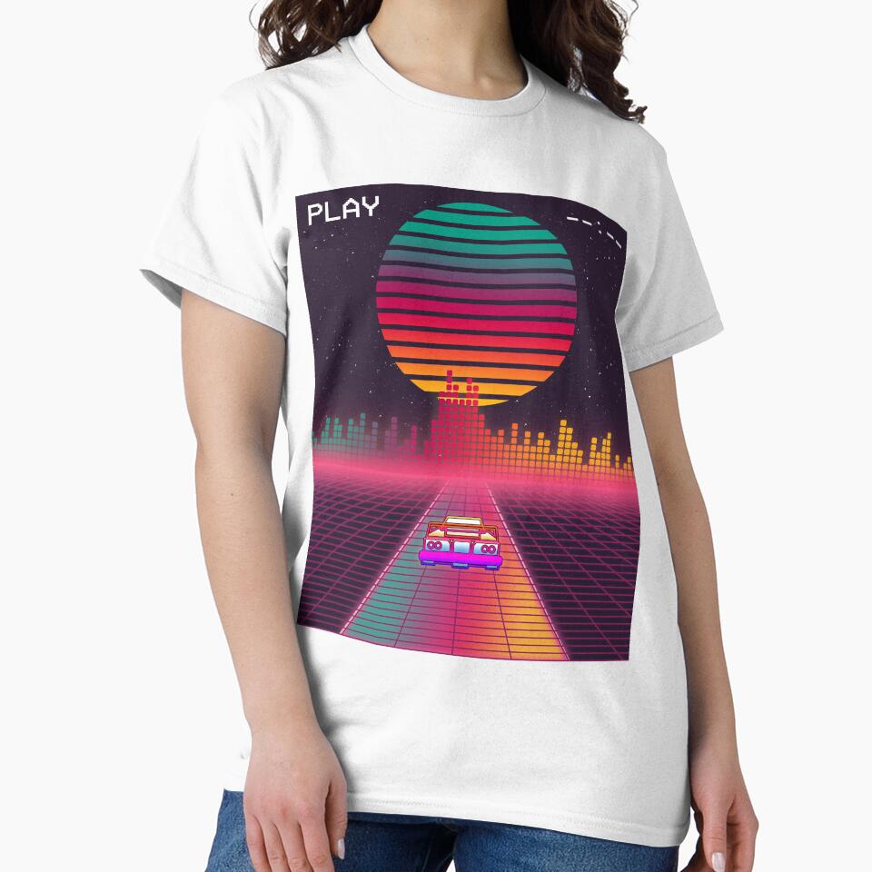 Retro 80s Cyberpunk Synthwave Sunset fast car in Outrun grid design by D-C-Designs