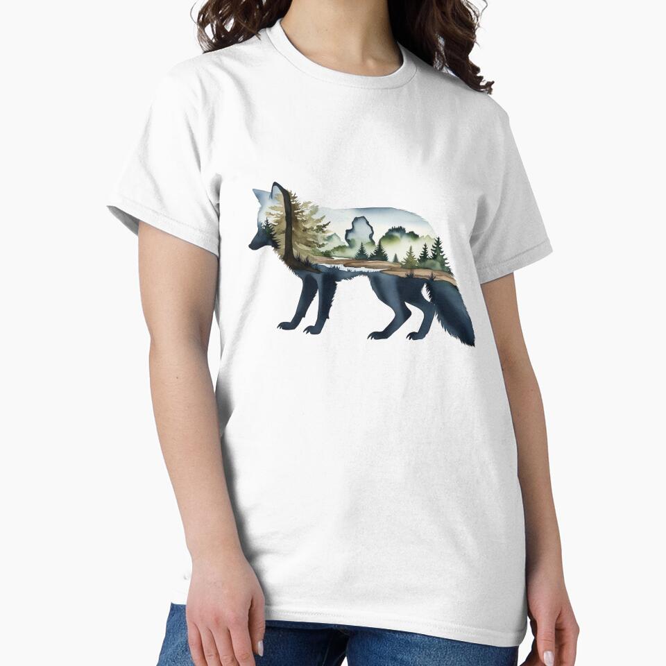 Fox Silhouette with inlay watercolor nature scene of a National Park, Forest, Trees Save Wilderness for Wildlife Hiking Camping Classic T-Shirt sticker by Mama.Does.Designs