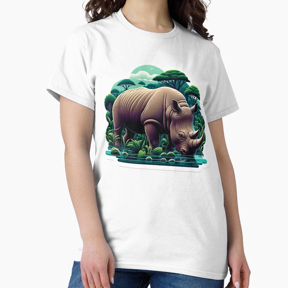 Majestic Javan Rhinoceros Grazing in a Lush Tropical Swamp by KreaDesignOne
