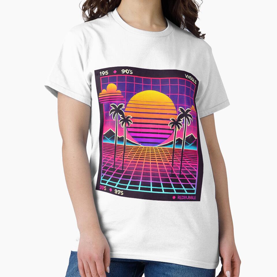 "Retro Sunset with Neon Palm Trees - 80s Aesthetic" by DreamLabStudio