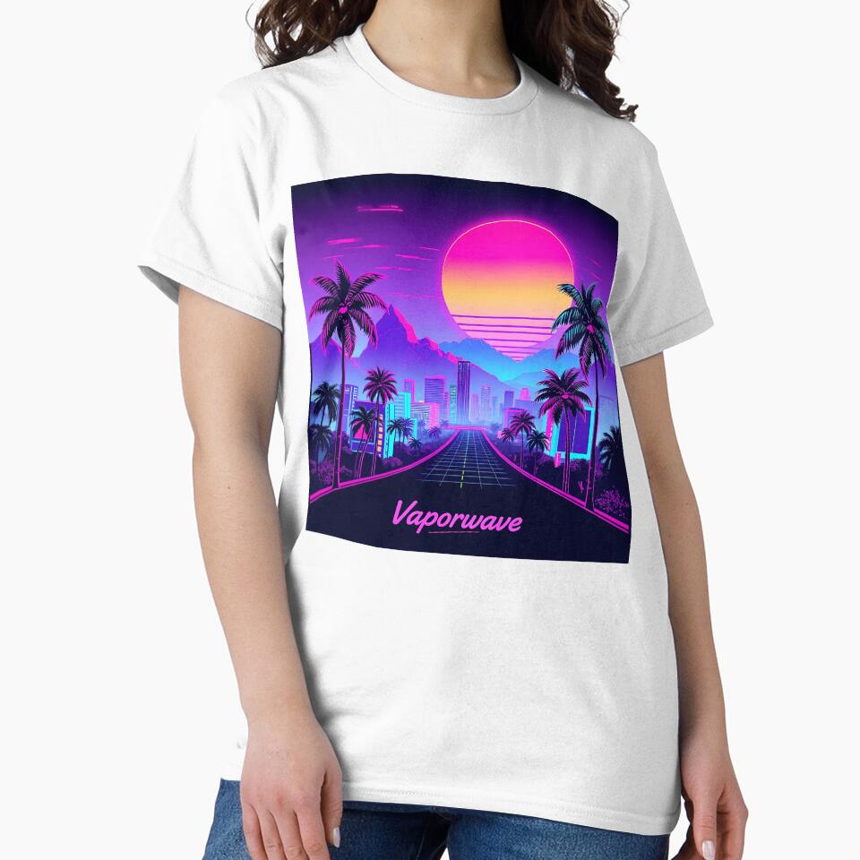 Vaporwave Aesthetic Sunset City T-Shirt – Retro Neon 80s Synthwave Palm Trees by Gallery-yuuna