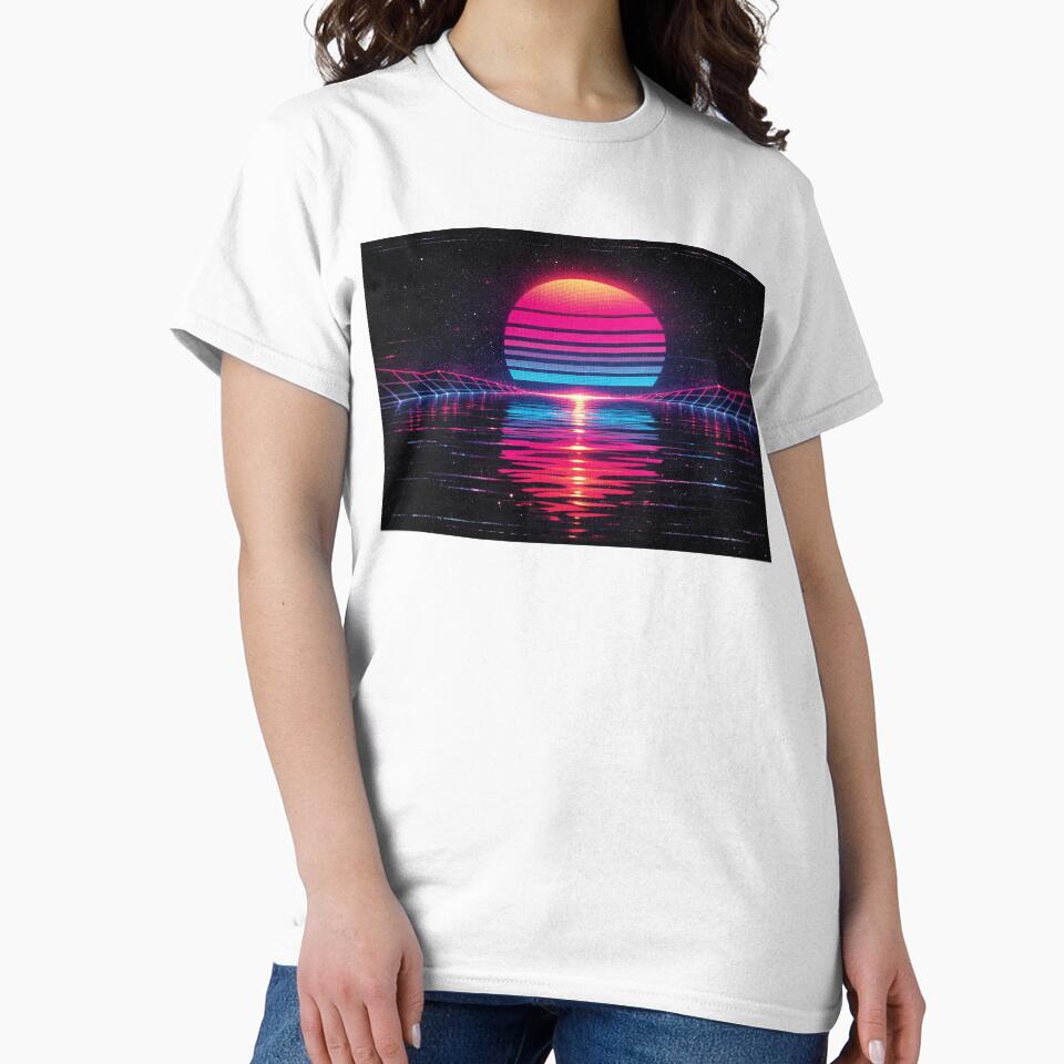 Neon blue and pink retro sunset with halftone grid lines reflecting on calm water by Dejbar
