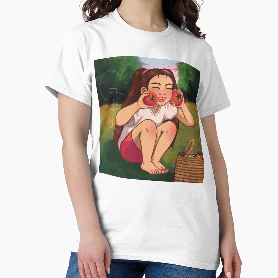 Smiling girl holding tomatoes in a field during sunset by Gemma-Pricot