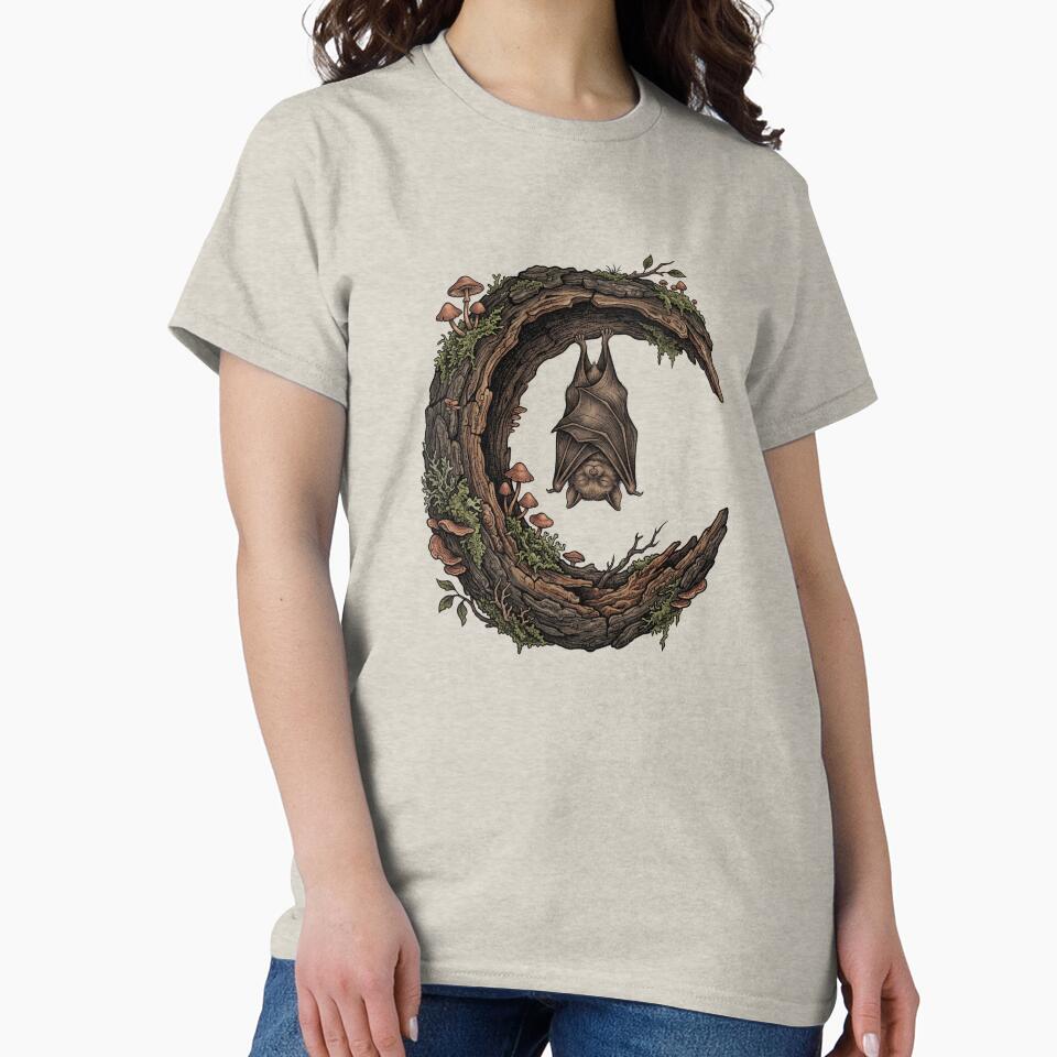 Vintage Sleeping Bat Mossy Crescent Moon Woodland Art by Ortsas