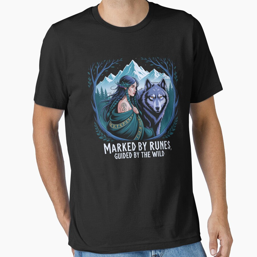 Runes In My Blood – Runic Wolf Woman in Forest Shirt by Slavicsoul
