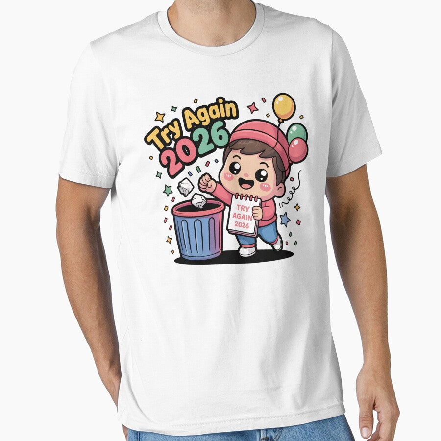 Kawaii Chibi New Year 2026 Cartoon – Cute Character Throwing Old Resolutions, “Try Again 2026” Pastel Vector Art by Ammar Studio
