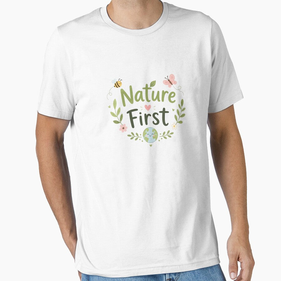 Nature First Cute Eco Earth Design | Kawaii Environmental Quote T-Shirt Sticker Gift by Sanika arts