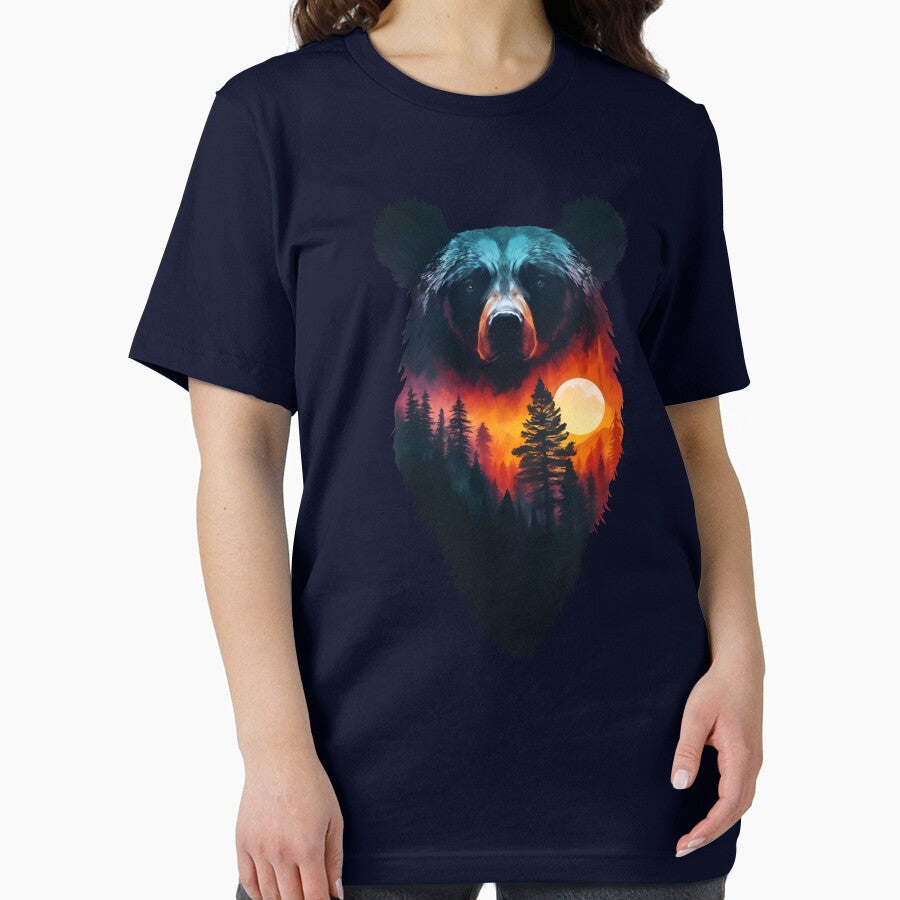 Preserve and protect bears and nature, Double exposure of bear silhouette and sunset trees forest, Save the wilderness environment and climate concepts by Andrey-Myagkov