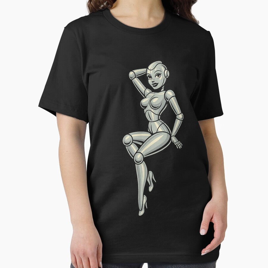 Galactic Glamour – Retro Chrome Robot Pin-Up Tee by MerkAkid